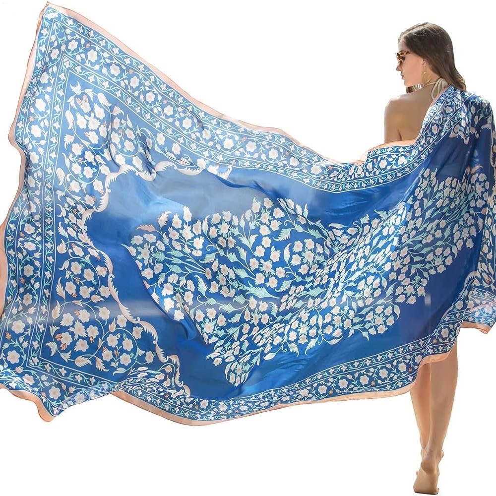 Dana Xu hangzhou chuanyue 100% silk blue and pink floral scarf